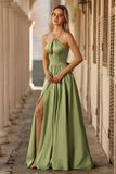 Sage Green Halter A Line Corset Keyhole Long Satin Convertible Prom Dress with Slit