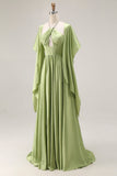 Sage Green A Line Halter Corset Keyhole Long Satin Convertible Dress with Slit