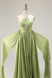 Sage Green A Line Halter Corset Keyhole Long Satin Convertible Dress with Slit