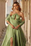 Sage Green Halter A Line Corset Keyhole Long Satin Convertible Prom Dress with Slit