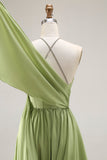 Sage Green A Line Halter Corset Keyhole Long Satin Convertible Dress with Slit