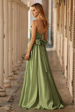 Sage Green Halter A Line Corset Keyhole Long Satin Convertible Prom Dress with Slit