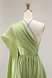 Sage Green A Line Halter Corset Keyhole Long Satin Convertible Dress with Slit