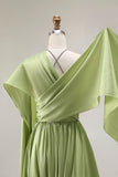 Sage Green A Line Halter Corset Keyhole Long Satin Convertible Dress with Slit