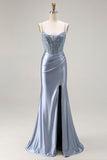 Grey Blue Mermaid Beaded Corset Lace Up Back Satin Long Prom Dress with Slit