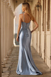 Grey Blue Mermaid Beaded Corset Lace Up Back Satin Long Prom Dress with Slit