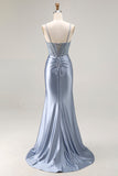 Grey Blue Mermaid Beaded Corset Lace Up Back Satin Long Prom Dress with Slit