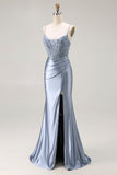 Grey Blue Mermaid Corset Beaded Satin Pleated Long Prom Dress with Slit