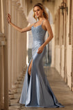Grey Blue Mermaid Beaded Corset Lace Up Back Satin Long Prom Dress with Slit