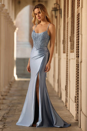 Grey Blue Mermaid Beaded Corset Lace Up Back Satin Long Prom Dress with Slit