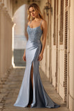 Grey Blue Mermaid Beaded Corset Lace Up Back Satin Long Prom Dress with Slit