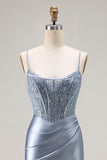 Grey Blue Mermaid Corset Beaded Satin Pleated Long Prom Dress with Slit
