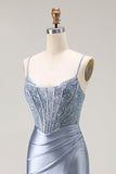 Grey Blue Mermaid Corset Beaded Satin Pleated Long Prom Dress with Slit