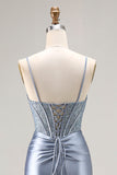 Grey Blue Mermaid Corset Beaded Satin Pleated Long Prom Dress with Slit