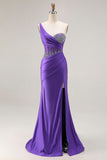 Dark Purple Mermaid One Shoulder Ruched Corset Satin Long Prom Dress with Beading