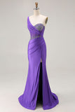 Dark Purple Mermaid One Shoulder Ruched Corset Satin Long Prom Dress with Beading