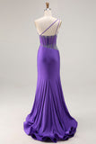 Dark Purple Mermaid One Shoulder Ruched Corset Satin Long Prom Dress with Beading