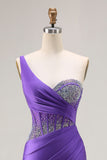 Dark Purple Mermaid One Shoulder Ruched Corset Satin Long Prom Dress with Beading