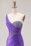 Dark Purple Mermaid One Shoulder Ruched Corset Satin Long Prom Dress with Beading