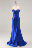 Royal Blue Mermaid Strapless Beaded Corset Pleated Long Prom Dress with Slit