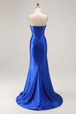 Royal Blue Mermaid Strapless Beaded Corset Pleated Long Prom Dress with Slit