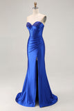 Royal Blue Mermaid Strapless Beaded Corset Pleated Long Prom Dress with Slit