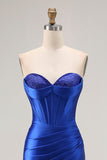 Royal Blue Mermaid Strapless Beaded Corset Pleated Long Prom Dress with Slit