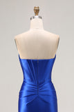 Royal Blue Mermaid Strapless Beaded Corset Pleated Long Prom Dress with Slit