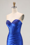 Royal Blue Mermaid Strapless Beaded Corset Pleated Long Prom Dress with Slit