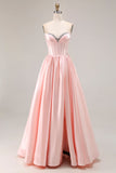Elegant Pink A-Line Sweetheart Beaded Corset Satin Long Prom Dress with Slit