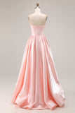 Elegant Pink A-Line Sweetheart Beaded Corset Satin Long Prom Dress with Slit