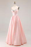 Elegant Pink A-Line Sweetheart Beaded Corset Satin Long Prom Dress with Slit