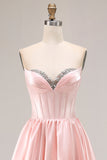 Elegant Pink A-Line Sweetheart Beaded Corset Satin Long Prom Dress with Slit