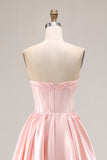 Elegant Pink A-Line Sweetheart Beaded Corset Satin Long Prom Dress with Slit