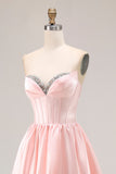 Elegant Pink A-Line Sweetheart Beaded Corset Satin Long Prom Dress with Slit