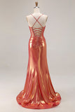 Metallic Orange Mermaid Ruched Lace Up Back Beaded Long Prom Dress with Slit