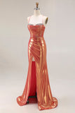 Metallic Orange Mermaid Ruched Lace Up Back Beaded Long Prom Dress with Slit