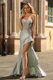 Dusty Sage Sweetheart Mermaid Sequins Corset Long Prom Dress with Ruffle Slit