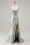 Dusty Sage Sweetheart Mermaid Sequins Corset Long Prom Dress with Ruffle Slit