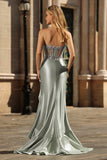 Dusty Sage Sweetheart Mermaid Sequins Corset Long Prom Dress with Ruffle Slit