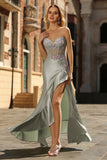 Dusty Sage Sweetheart Mermaid Sequins Corset Long Prom Dress with Ruffle Slit