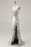 Dusty Sage Mermaid Sweetheart Corset Sequins Appliqued Long Prom Dress with Ruffle Slit