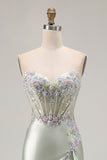 Dusty Sage Mermaid Sweetheart Corset Sequins Appliqued Long Prom Dress with Ruffle Slit