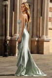 Dusty Sage Sweetheart Mermaid Sequins Corset Long Prom Dress with Ruffle Slit
