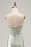 Dusty Sage Mermaid Sweetheart Corset Sequins Appliqued Long Prom Dress with Ruffle Slit