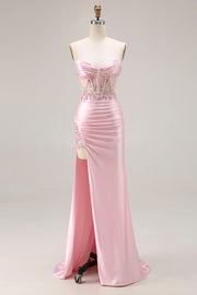 Pink Strapless Appliqued Mermaid Corset Sequins Long Prom Dress with Slit