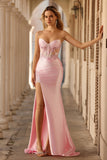 Strapless Pink Appliqued Mermaid Corset Sequins Long Prom Dress with Slit
