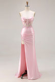 Strapless Pink Appliqued Mermaid Corset Sequins Long Prom Dress with Slit