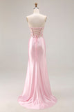 Strapless Pink Appliqued Mermaid Corset Sequins Long Prom Dress with Slit