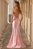 Strapless Pink Appliqued Mermaid Corset Sequins Long Prom Dress with Slit